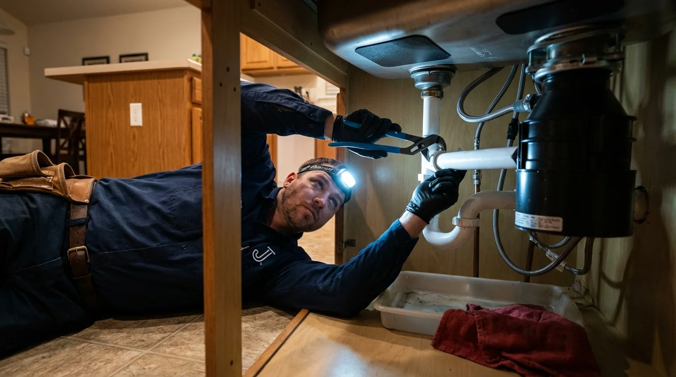 P-trap and supply line connections under a kitchen sink showing a common leak point in Spring Valley, IL